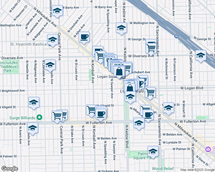 map of restaurants, bars, coffee shops, grocery stores, and more near 3261 West Wrightwood Avenue in Chicago