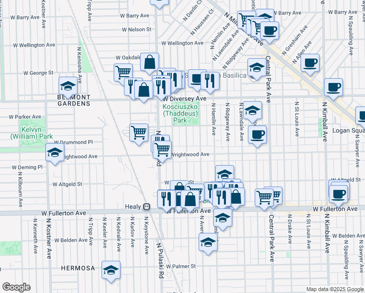 map of restaurants, bars, coffee shops, grocery stores, and more near 3901 West Wrightwood Avenue in Chicago