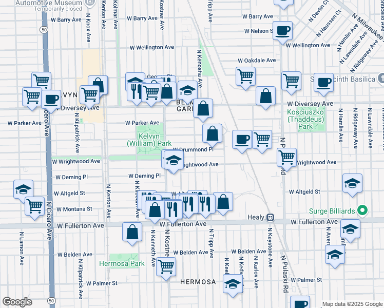 map of restaurants, bars, coffee shops, grocery stores, and more near 4316 West Wrightwood Avenue in Chicago