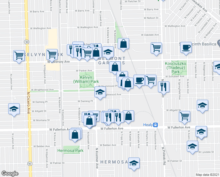 map of restaurants, bars, coffee shops, grocery stores, and more near 4316 West Wrightwood Avenue in Chicago