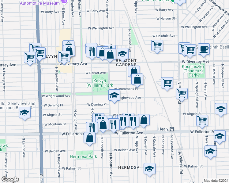 map of restaurants, bars, coffee shops, grocery stores, and more near 4343 West Wrightwood Avenue in Chicago