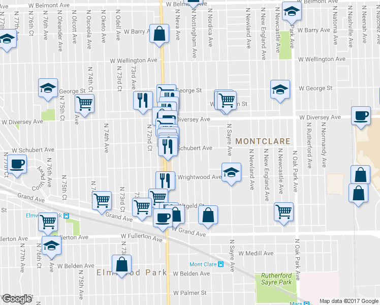 map of restaurants, bars, coffee shops, grocery stores, and more near 2626 North Mont Clare Avenue in Chicago
