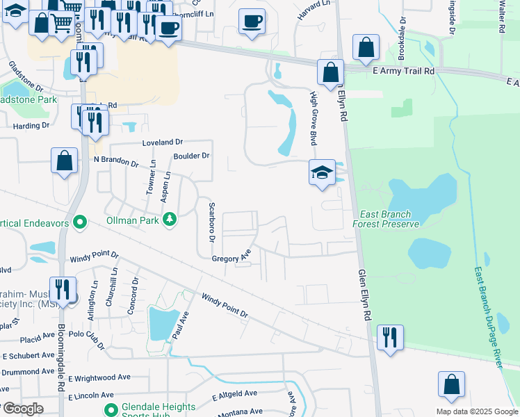 map of restaurants, bars, coffee shops, grocery stores, and more near 1893 Somerset Drive in Glendale Heights