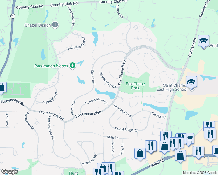 map of restaurants, bars, coffee shops, grocery stores, and more near 1205 Winners Cup Circle in St. Charles