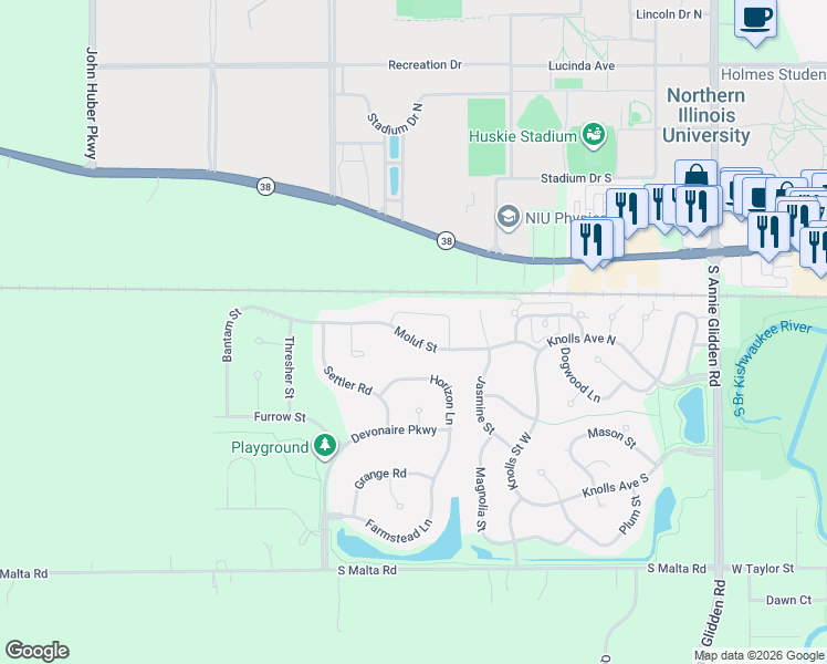 map of restaurants, bars, coffee shops, grocery stores, and more near 1526 Moluf Street in DeKalb