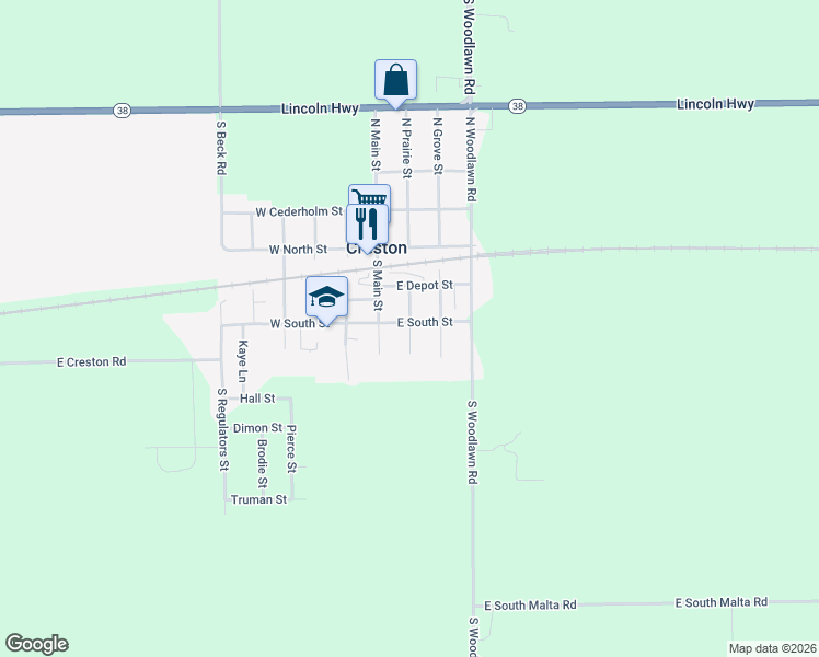 map of restaurants, bars, coffee shops, grocery stores, and more near 319 South Prairie Street in Rochelle