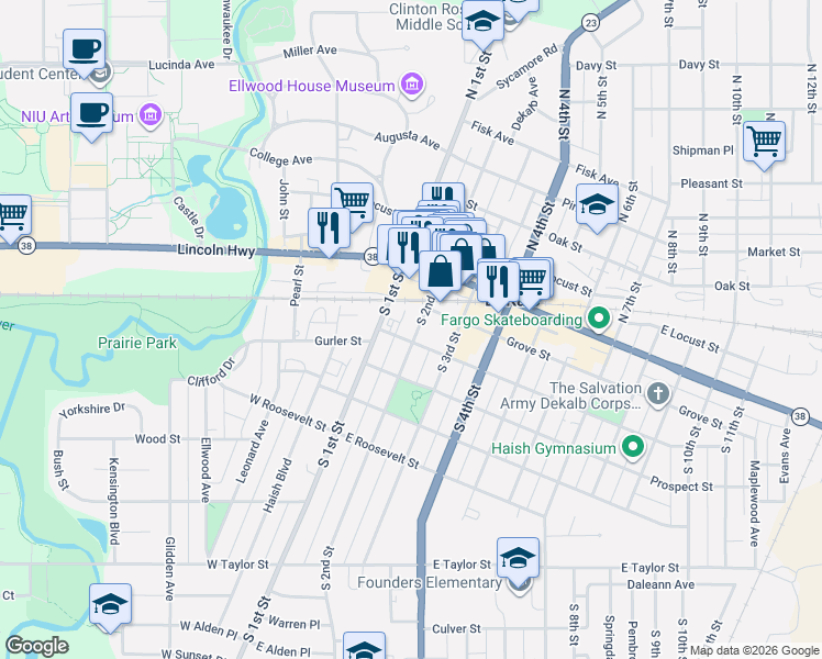map of restaurants, bars, coffee shops, grocery stores, and more near 223 South 2nd Street in DeKalb