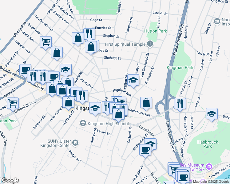 map of restaurants, bars, coffee shops, grocery stores, and more near 49 Park Street in Kingston