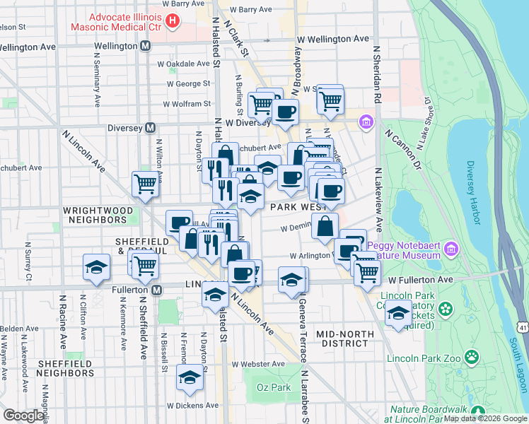 map of restaurants, bars, coffee shops, grocery stores, and more near 2500 North Orchard Street in Chicago