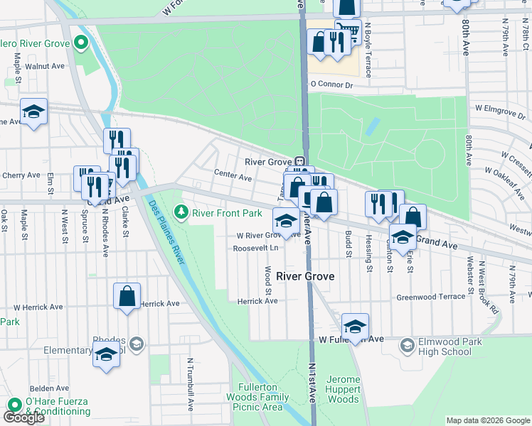 map of restaurants, bars, coffee shops, grocery stores, and more near 8500 River Grove Avenue in River Grove