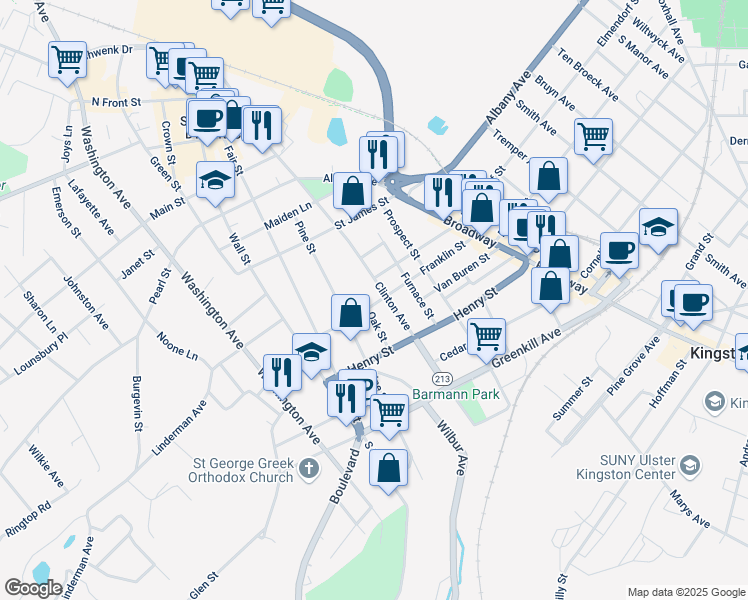 map of restaurants, bars, coffee shops, grocery stores, and more near 128 Franklin Street in Kingston