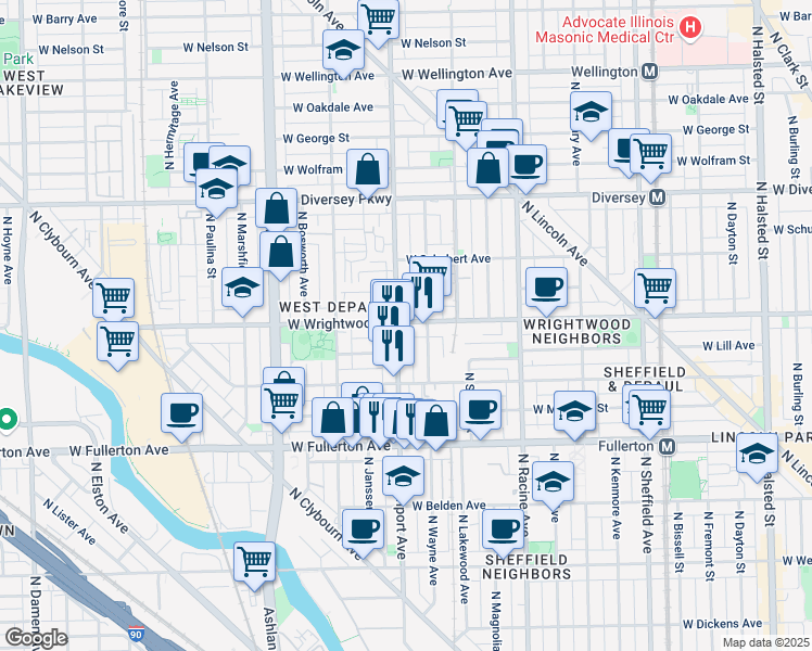 map of restaurants, bars, coffee shops, grocery stores, and more near 2531 North Southport Avenue in Chicago