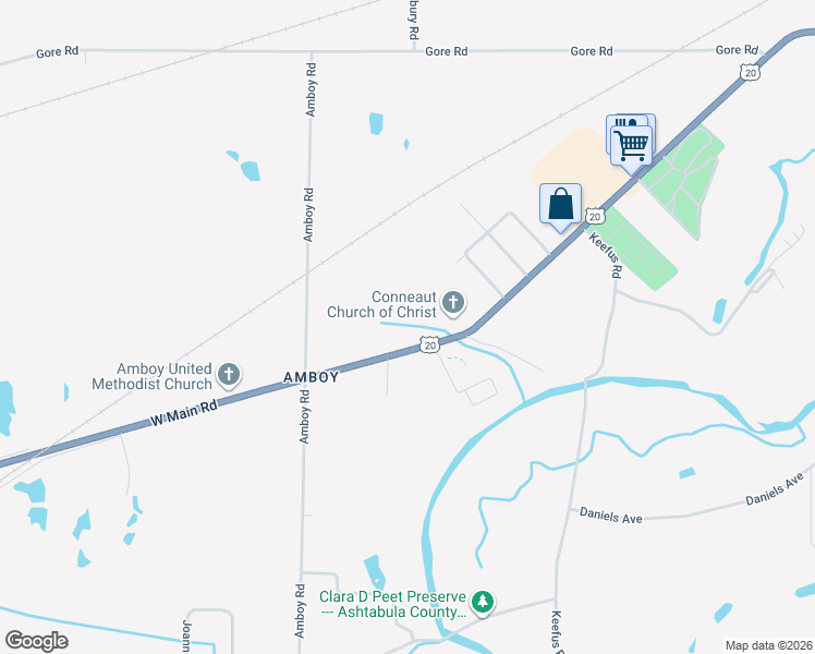 map of restaurants, bars, coffee shops, grocery stores, and more near 477 West Main Road in Conneaut