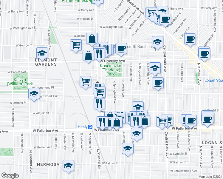 map of restaurants, bars, coffee shops, grocery stores, and more near 2614 North Springfield Avenue in Chicago