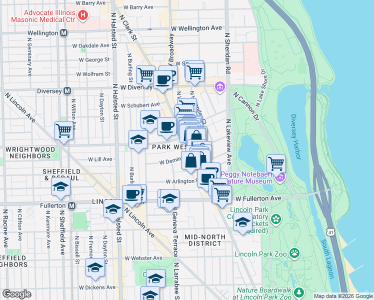 map of restaurants, bars, coffee shops, grocery stores, and more near 512 West Deming Place in Chicago
