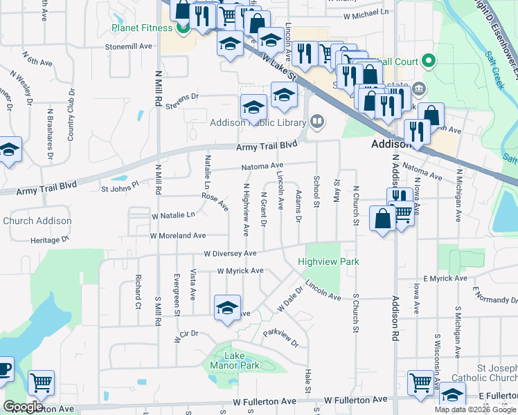map of restaurants, bars, coffee shops, grocery stores, and more near 117 Highview Avenue in Addison