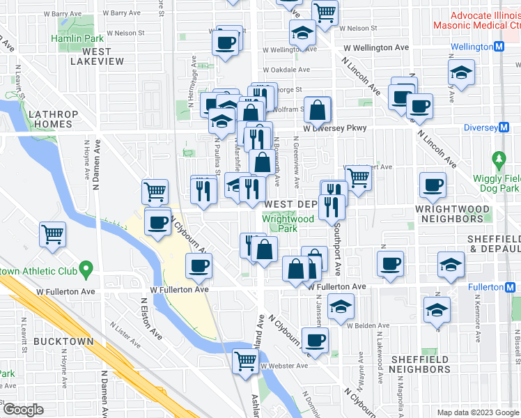 map of restaurants, bars, coffee shops, grocery stores, and more near North Ashland Avenue & West Wrightwood Avenue in Chicago