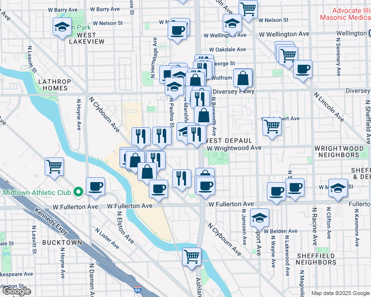 map of restaurants, bars, coffee shops, grocery stores, and more near 1632 West Wrightwood Avenue in Chicago