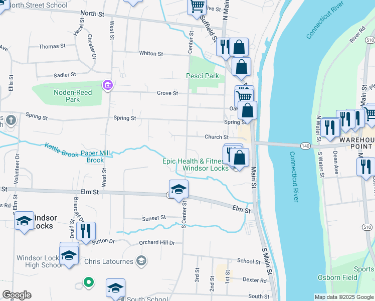 map of restaurants, bars, coffee shops, grocery stores, and more near 37 Center Street in Windsor Locks