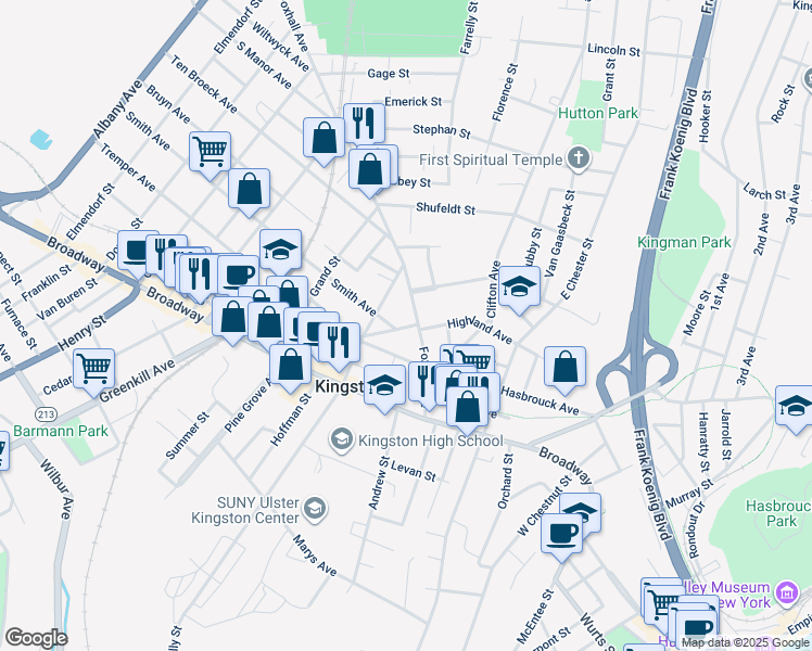 map of restaurants, bars, coffee shops, grocery stores, and more near 95 Foxhall Avenue in Kingston