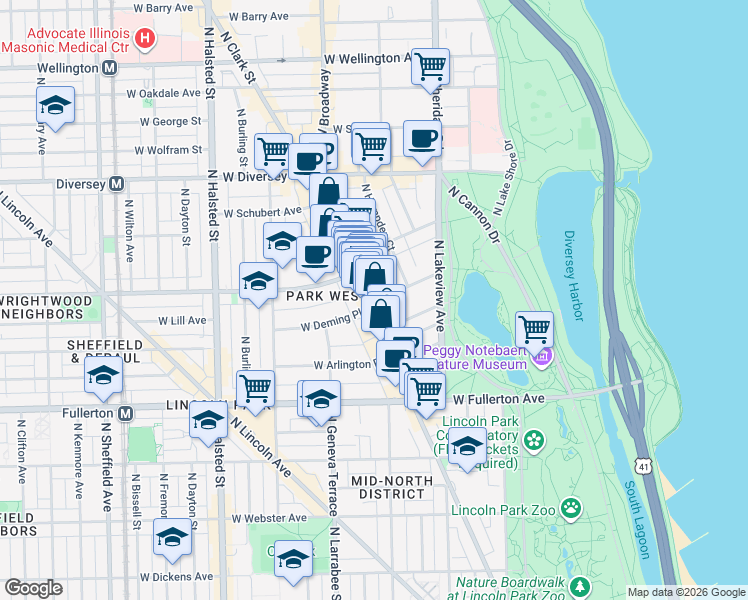 map of restaurants, bars, coffee shops, grocery stores, and more near 2551 North Clark Street in Chicago