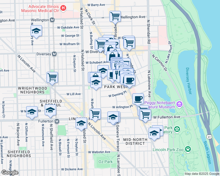 map of restaurants, bars, coffee shops, grocery stores, and more near 656 West Wrightwood Avenue in Chicago