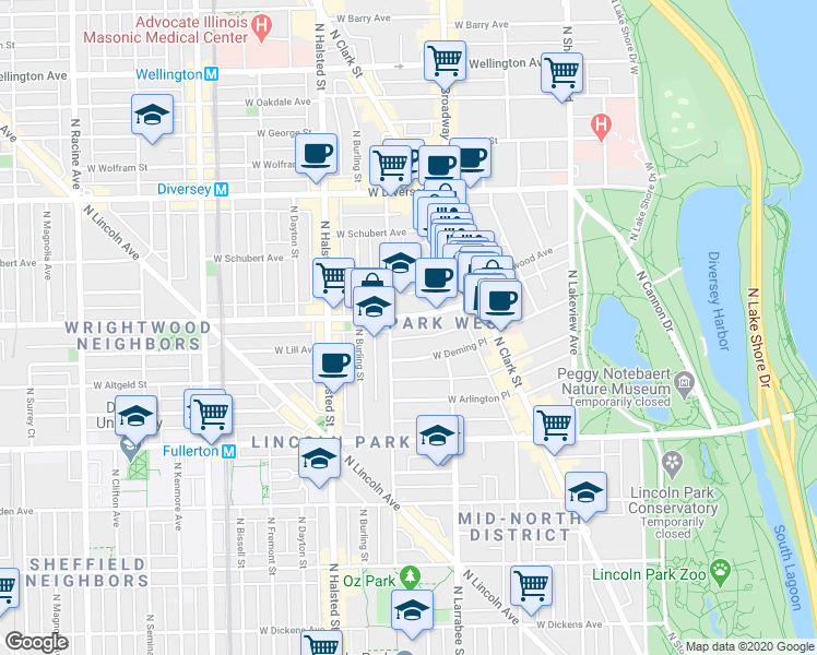 map of restaurants, bars, coffee shops, grocery stores, and more near 656 West Wrightwood Avenue in Chicago