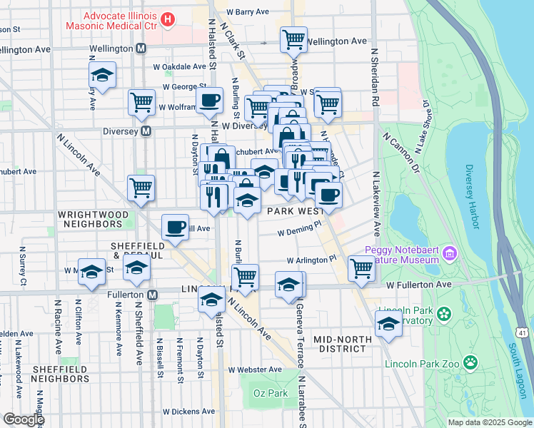 map of restaurants, bars, coffee shops, grocery stores, and more near 2610 North Orchard Street in Chicago