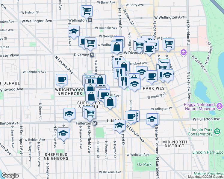 map of restaurants, bars, coffee shops, grocery stores, and more near 2615 North Mildred Avenue in Chicago