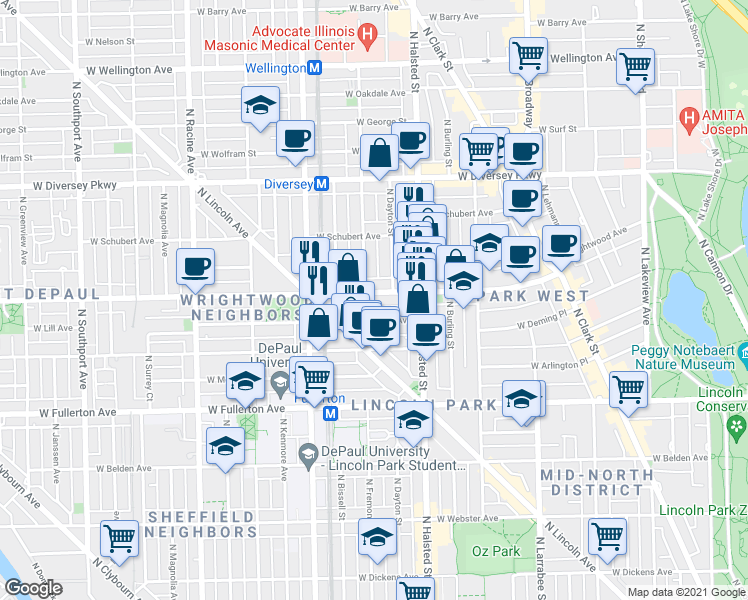 map of restaurants, bars, coffee shops, grocery stores, and more near 2615 North Mildred Avenue in Chicago