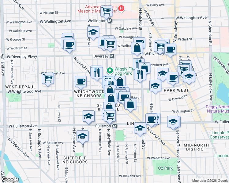 map of restaurants, bars, coffee shops, grocery stores, and more near 2610 North Wilton Avenue in Chicago