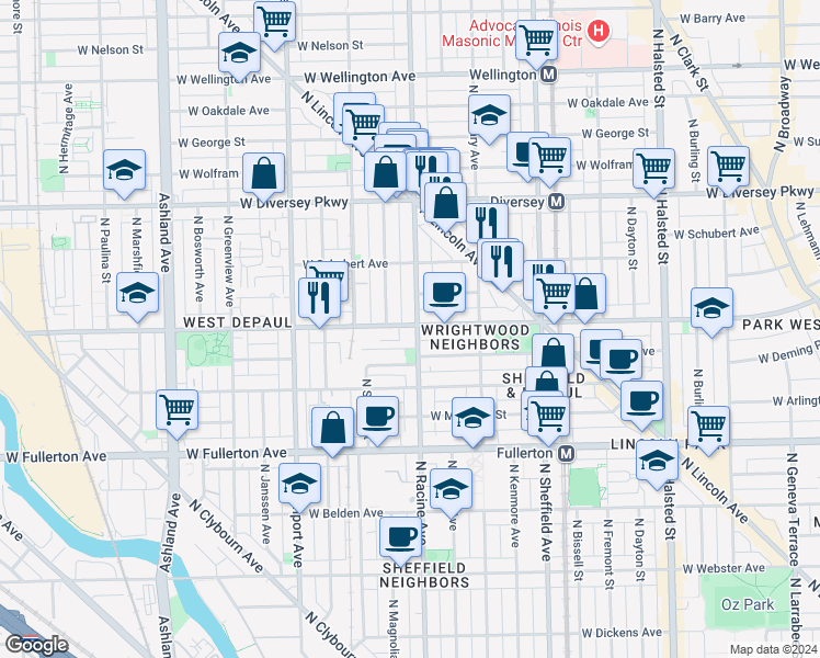 map of restaurants, bars, coffee shops, grocery stores, and more near 2615 North Racine Avenue in Chicago