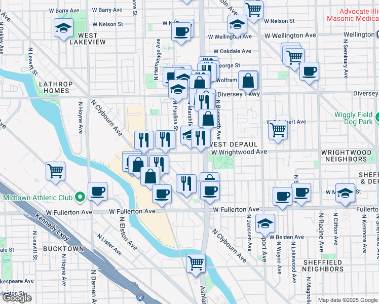 map of restaurants, bars, coffee shops, grocery stores, and more near in Chicago
