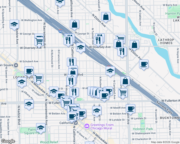 map of restaurants, bars, coffee shops, grocery stores, and more near 2626 North Talman Avenue in Chicago