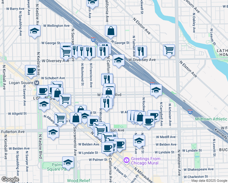 map of restaurants, bars, coffee shops, grocery stores, and more near 2623 North California Avenue in Chicago