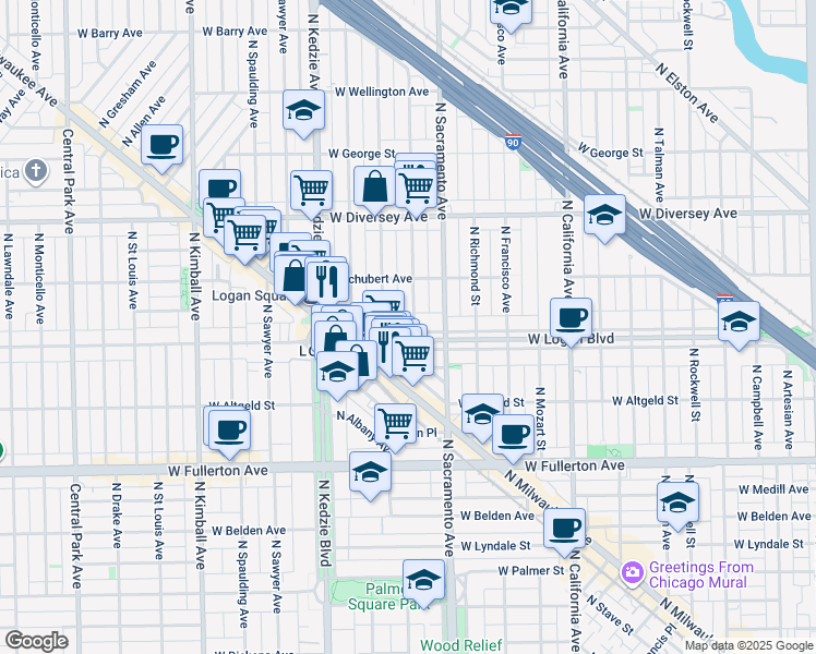 map of restaurants, bars, coffee shops, grocery stores, and more near in Chicago