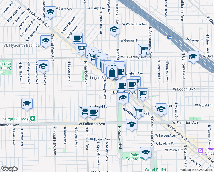 map of restaurants, bars, coffee shops, grocery stores, and more near 2634 North Sawyer Avenue in Chicago