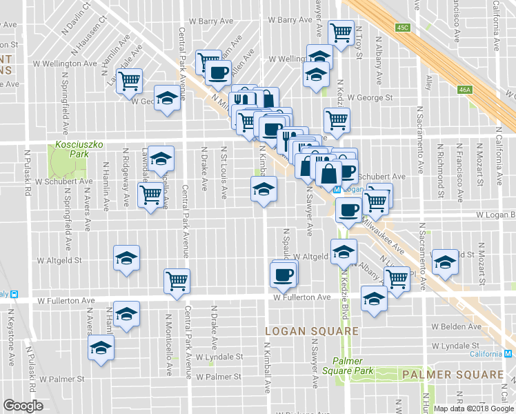 map of restaurants, bars, coffee shops, grocery stores, and more near 2636 North Kimball Avenue in Chicago
