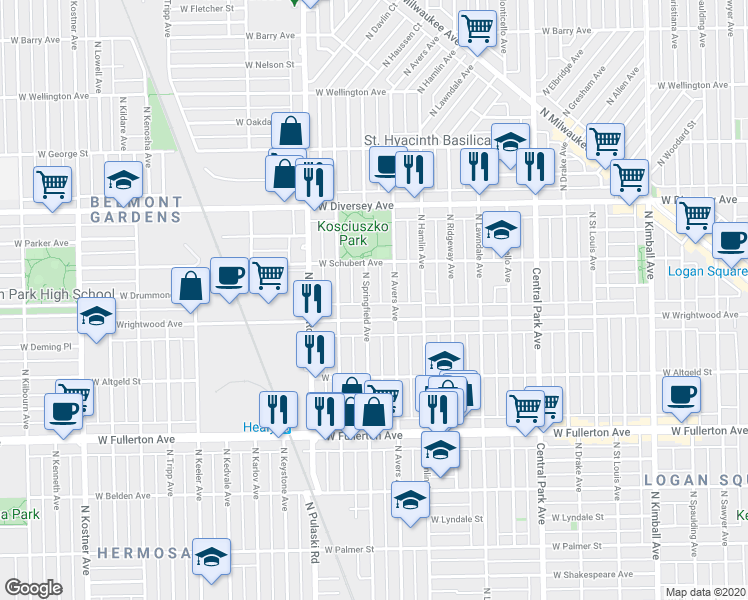 map of restaurants, bars, coffee shops, grocery stores, and more near 2642 North Springfield Avenue in Chicago