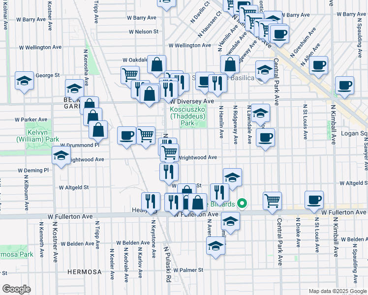 map of restaurants, bars, coffee shops, grocery stores, and more near 2644 North Harding Avenue in Chicago