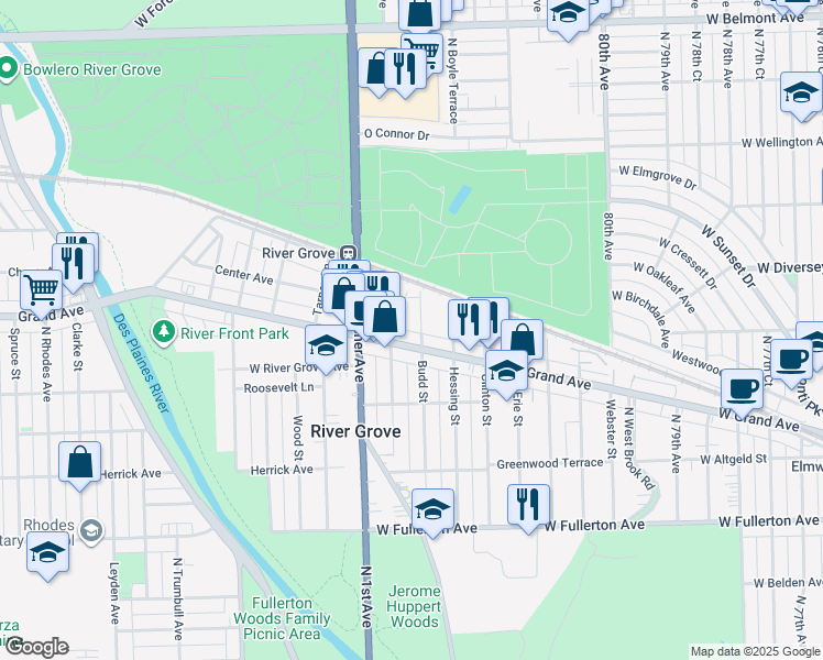 map of restaurants, bars, coffee shops, grocery stores, and more near 2735 Marwood Street in River Grove