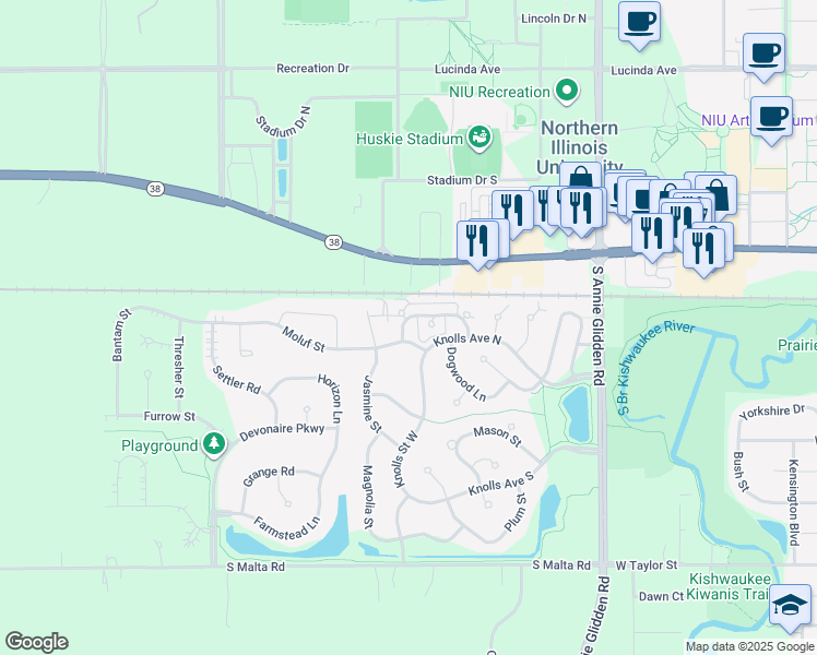 map of restaurants, bars, coffee shops, grocery stores, and more near 1351 Chestnut Street in DeKalb