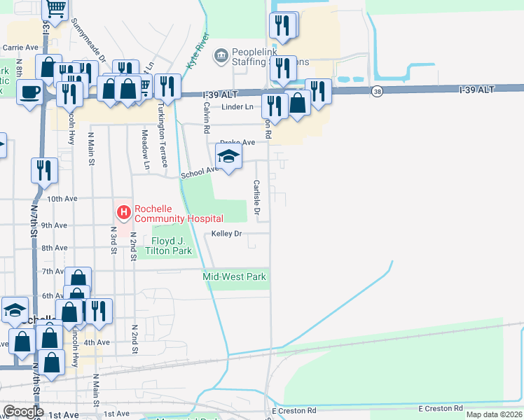 map of restaurants, bars, coffee shops, grocery stores, and more near 909 Carlisle Drive in Rochelle