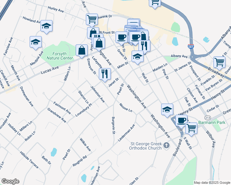 map of restaurants, bars, coffee shops, grocery stores, and more near 155 Pearl Street in Kingston