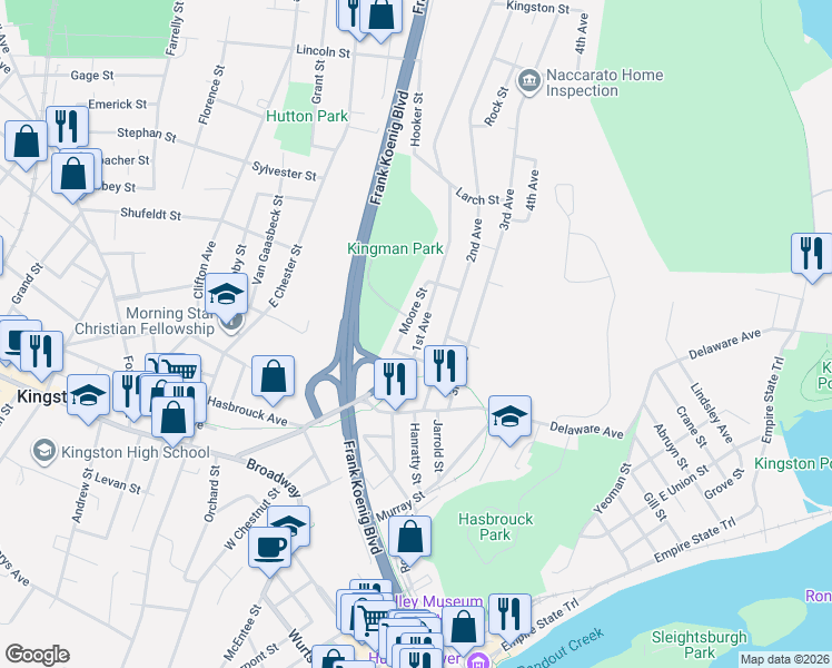map of restaurants, bars, coffee shops, grocery stores, and more near 91 1st Avenue in Kingston