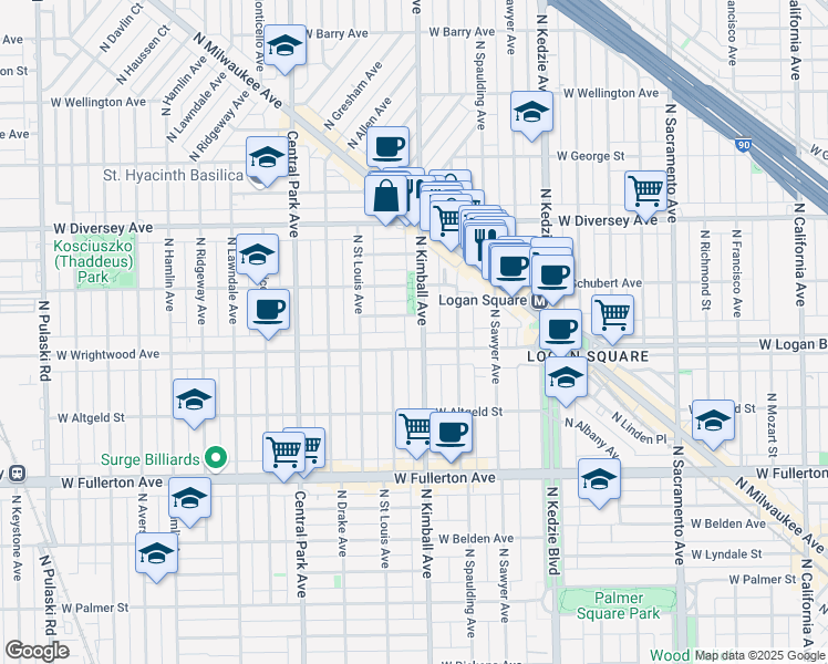 map of restaurants, bars, coffee shops, grocery stores, and more near 2610 North Kimball Avenue in Chicago