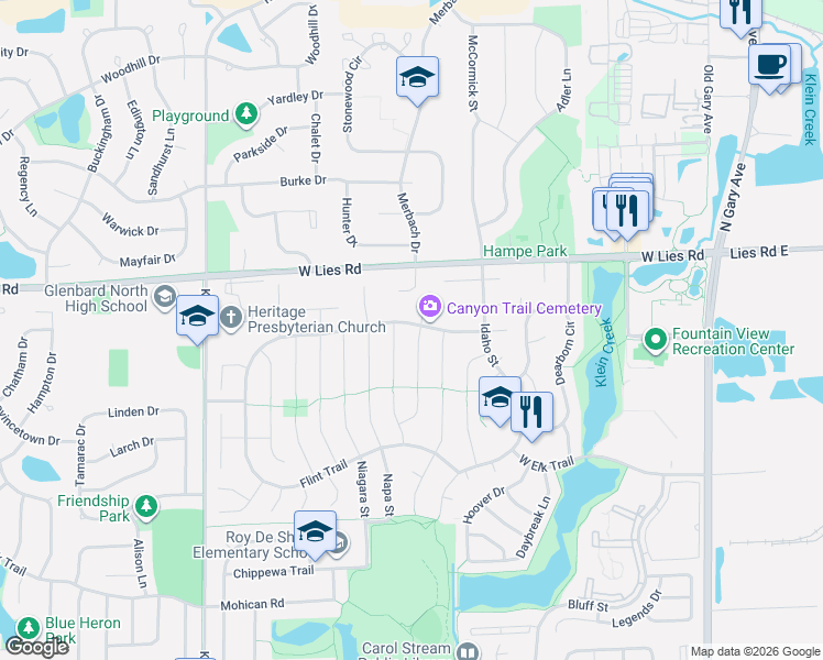 map of restaurants, bars, coffee shops, grocery stores, and more near 945 Merbach Court in Carol Stream