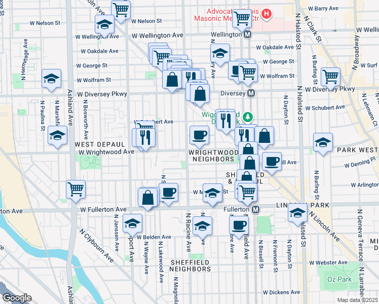 map of restaurants, bars, coffee shops, grocery stores, and more near 1155 West Wrightwood Avenue in Chicago