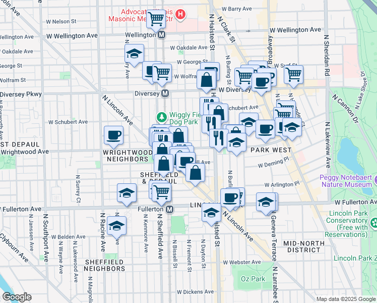 map of restaurants, bars, coffee shops, grocery stores, and more near 2615 North Mildred Avenue in Chicago