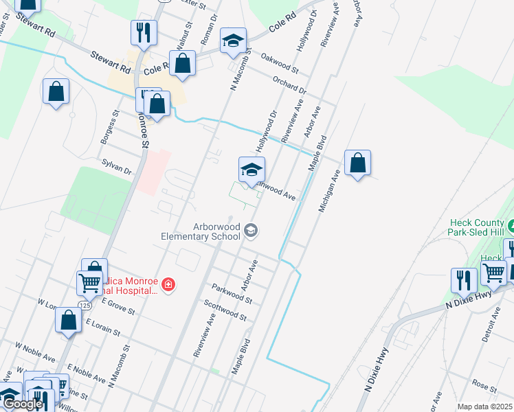 map of restaurants, bars, coffee shops, grocery stores, and more near 1135 Riverview Avenue in Monroe